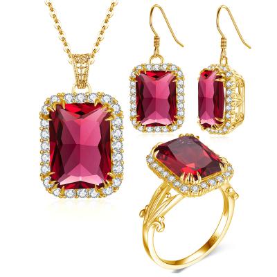 China Classic Ruby Zircon Gold Plated Bridal Wedding Jewelry Set Women's Necklace Rings 925 Sterling Silver set Jewelry Manufacturer for sale