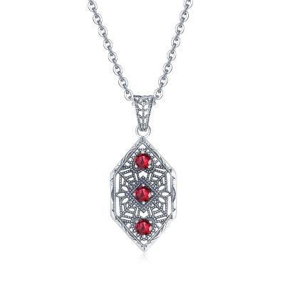 China Factory Vintage Sterling Silver Pendant Necklace Jewelry For Women Gemstone Garnet 3 Stone Pendants Goth for sale