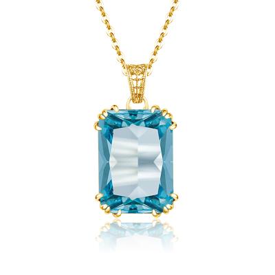 China Trendy Square Aquamarine 24K Gold Pendant Necklace For Women Real Sterling Silver Pendant Wedding Party Jewelry Wholesale Gift for sale