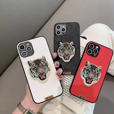 China Anti-fall Hotselling 3D Embroidery Tiger Leather Cell Phone For Iphone 12 Pro Phone 13 Max Shockproof Cover for sale