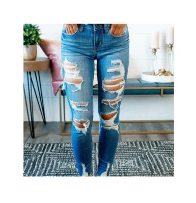 China Price Optimization Autumn And Winter New Breathable Elastic Slim Fit Ripped Women's Jeans for sale