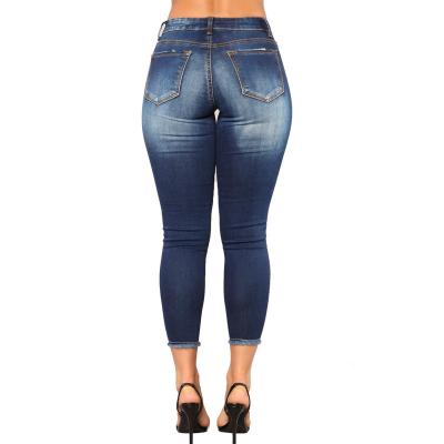 China Women's tight buttocks ripped nine point High-elastic jeans breathable denim small feet ripped fashion destroyed jeans for sale