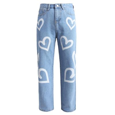 China 2022 New High Waist Love Breathable Slim Graffiti Printing Straight Street Casual Style Ripped Destroyed Women's Jeans for sale