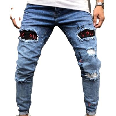 China New European and American men's jeans embroidery ripped men's pants breathable bottom narrow pants men's pencil pants for sale