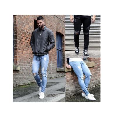 China European and American men's skinny ripped jeans breathable professional white ripped pencil tapered jeans men for sale