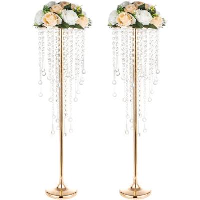 China Modern Simple Gold Beaded Flower Stand Wedding Decoration Crystal Flower Rack Table Center Flower Stand for sale