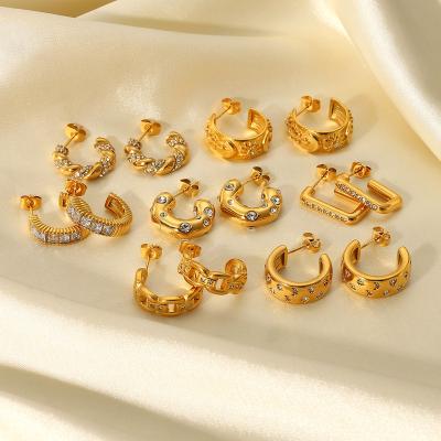 China Custom Vintage Diamond Cubic Circle Earrings Luxury Gold Plated Stainless Steel C Shape Circle Earrings for sale