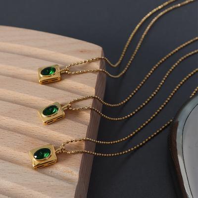 China Vintage Europe Vintage 18k Gold Plated Stainless Steel Round Oval Green Zircon Necklace Zircon Bead Pendant Necklace for sale