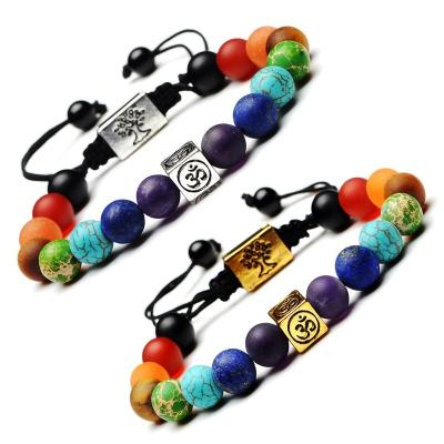 China 8mm Agate Beads Silver Alloy Fashion Natural Stone Energy Yoga Chakra Bracelet Stone 7 Braided Bracelet for sale