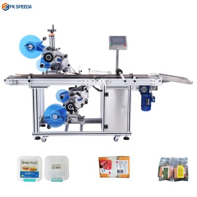 China FK814 CLOTHING Sticker PET Flat Trays Label Applicator Top Bottoms And Two Sides Labeling Machine for sale