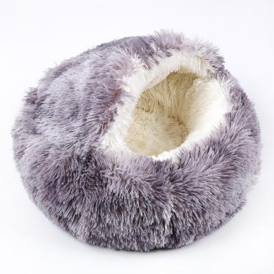 China Waterproof Long Plush Fluffy Pet Bed For Cat Puppy Donut Soothing Bed Anti Slip Dot Bottom Around Cat Bed for sale