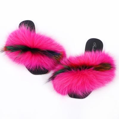 China Fur Slides Sandals Raccoon Fur Slippers Fluffy Women's Sandals Slippers Custom Large Fashion Trend Real Fur Flat Sandals for sale