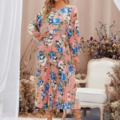 China Contrast Color Floral Print Anti-Static Winter Long Dress O-Neck Long Sheath Elegant Women Long Casual Dress for sale