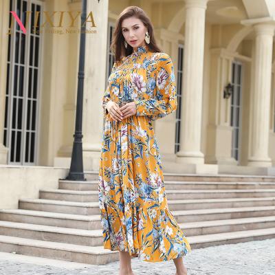 China OEM Service Breathable 2022 Manufacturer Women Yellow Floral Printed Long Dresses Summer Casual Dress Women for sale