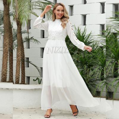 China Wholesale Chiffon Long Sleeves Chiffon Maxi Dress Blocking Lace Long Dress Anti-static White Women's Casual Dress for sale