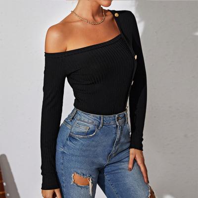 China High Quality Anti-pilling OEM Clothing Manufacturer Long Sleeves Irregular One Shoulder Slim Tops Ribbed Knit Tops for sale