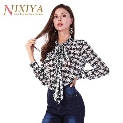 China Wholesale Floral Printed Sleeves Shirt Anti-Pilling Shirt Women Latest Office Chiffon Shirt Bow Neck Long for sale