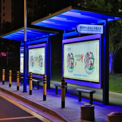 China Modern Solar Powered Bus Booth With Led Light Box Advertising Bus Station With Bench for sale