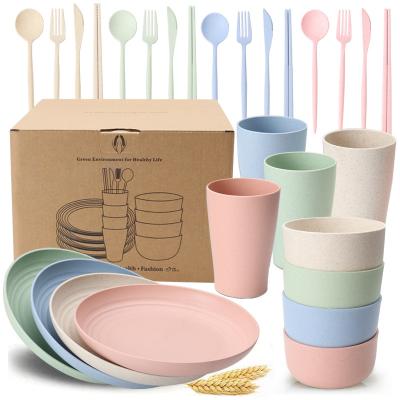 China 2021 Disposable Hot Sale Wheat Straw Tableware Sets Tableware Mugs 6 Pcs Plastic Tableware Sets BPA Free Biodegradable Tableware for sale