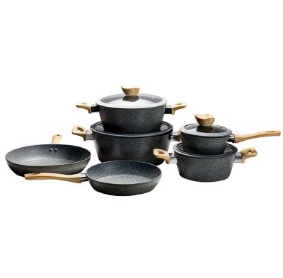 China Non Stick Sustainable Cookware Set Black Kitchen Cooking Pot Frying Pan Non Stick Cookware Sets With Glass Lid for sale