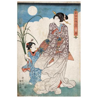 China Myriart Tradition Art Poster Full Framed Japanese Canvas Painting Decor Moon Over Woman And A Young Girl By Utagawa Kunisada for sale