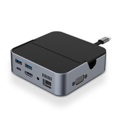 China 9in1 HDMI 4k VGA Card Reader USB Hub Docking Station with Phone Holder 12.5x12.5x3.5cm for sale