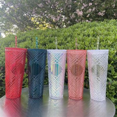 China 2022 Amazon Sustainable Hot Sale 24oz Double Wall Studded Plastic Cup Jeweled Tumbler With Straw for sale