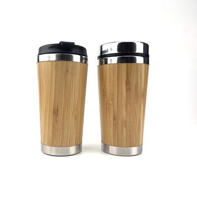 China 450ml/15oz Double Wall Sustainable Bamboo Thermoses With Lid BPA FREE PP Vacuum Insulated Stainless Steel Tumbler Water Thermos Coffee Mug for sale