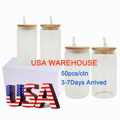 China Amazon Sell USA Warehouse 12/16oz Tumbler Clear Frosted Sustainable Hot Glass Soda Shaped Mugs Bank Sublimation Glass Beer Can With Straw for sale