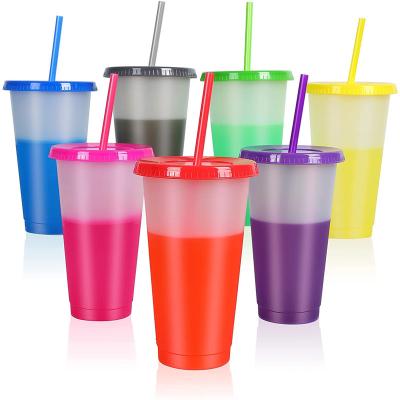 China Newest Viable Reusable Magic Tumbler 24oz Temperature Coffee Color Changing Plastic Cup With Lid And Straw for sale