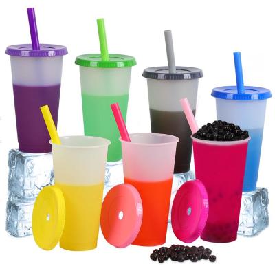 China Amazon Stocked hot sale 5/7Pack 32oz BPA FREE cold boba cups plastic cold tumbler color changing cup with straw for sale