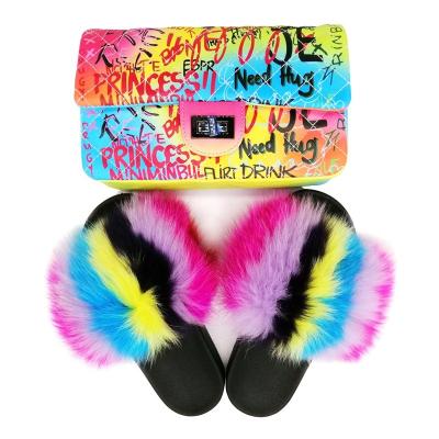 China Lightweight Custom Logo Fur Outdoor Furry Slides For Women With Rainbow Jelly Purse Set for sale