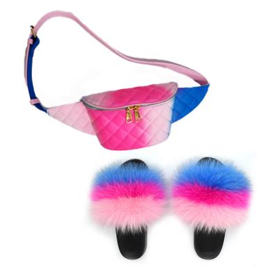 China Lightweight 2020 Summer Design Real Fox Fur Multicolor Slippers Match Fancy Purses Set Rainbow Fur Sandals With Jelly Purse for sale