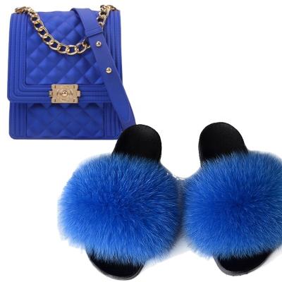 China 2020 High Quality Light Weight Real Fox Fur Slides With Mini Jelly HandBag Set Fashion Fur Slippers And Purse Sets for sale