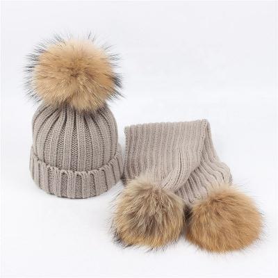 China Waterproof Winter Warm Children's Hat Scarf Two Sets Autumn and Winter Raccoon Fur Ball Thickened Boys and Girls Hat Scarf Set for sale