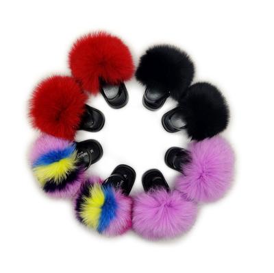 China USA Fashion Trend Cute Baby Furry Fox Fur Slippers With Straps Colorful Real Rainbow Raccoon Fur Slides For Toddler for sale