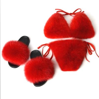 China Custom Color Detachable Thick Fluffy Real Fur Bra New Fashion Women's Real Fox Fur Bikini Bra Summer Beach Breathable Underwear Party for sale