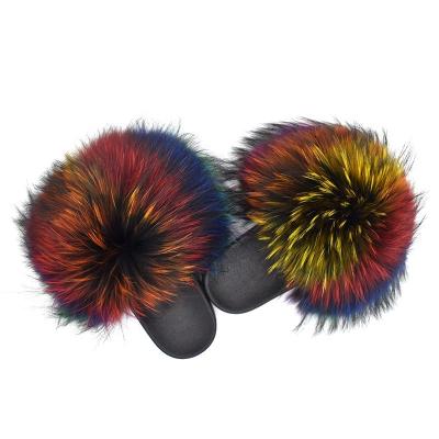 China Fashion Light Natural Color Summer Fox Fur Slippers Women Real Raccoon Fur Slides for sale