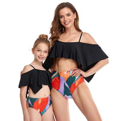 China 2022 New Summer Ruffle Sleeve Swimwear Breathable Family Print Sets Matching Mother And Daughter Swimwear for sale