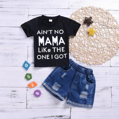 China Casual Letter Printing Baby Casual Shirt +Denim Shorts Tracksuit Children Boys Girls Dressing Set Kids Clothes Outfit for sale