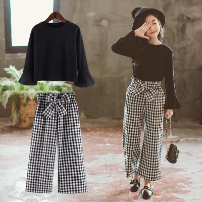 China Korean Chinese style girls fashion autumn outfit black ruffle shirt plaid pants kids clothing set for sale