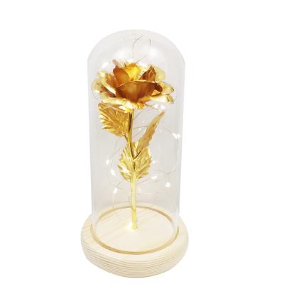 China Europe 12.Hot Sale Multiple Color Gold Foil Forever Rose Flower Gold Glass Dome With Wooden Color Glass Cover With Lamp for sale