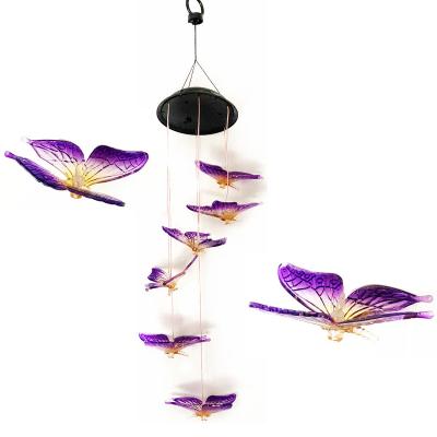 China New Garden Item Wind Chime Patio Light Color Changing Outdoor Waterproof Butterfly Solar Power Hanging Lamp for sale