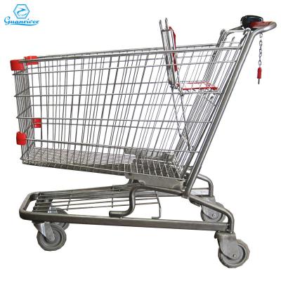 China Durable Popular American Style Supermarket Four Wheeled Coin Locks Shopping Trolley for sale