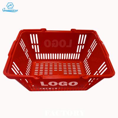 China Easy-carry Plastic Shopping Basket With Handle For Supermarket Grocery Retail Big Bottom Hollow for sale