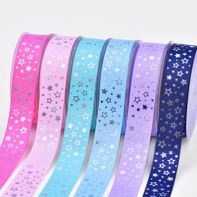 China Viable Custom Hologram Silver Star Logo Printing Gift Colorful Flower Wrapping Ribbon for sale