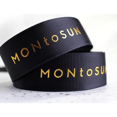 China Viable OEM/ODM Custom 1 Inch Gold Foil Logo Brand Black Grosgrain Ribbon Printing for sale