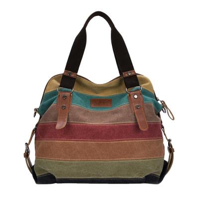 China Three Different Size Lady Vintage Stripe Canvas Fashion Handbag Sling Shoulder Bags For Ladies for sale