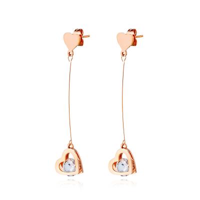 China Romantic Rose Gold Plated Dangle Bar Zircon Earring Jewelry For Women Crystal Heart Drop Stud Earrings for sale