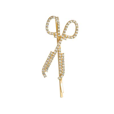 China Metal Clips Wholesales Women Girls Gold Metal Pins Barrette Clips Rhinestone Scissors Form Crystal Bobby Hair Pins for sale